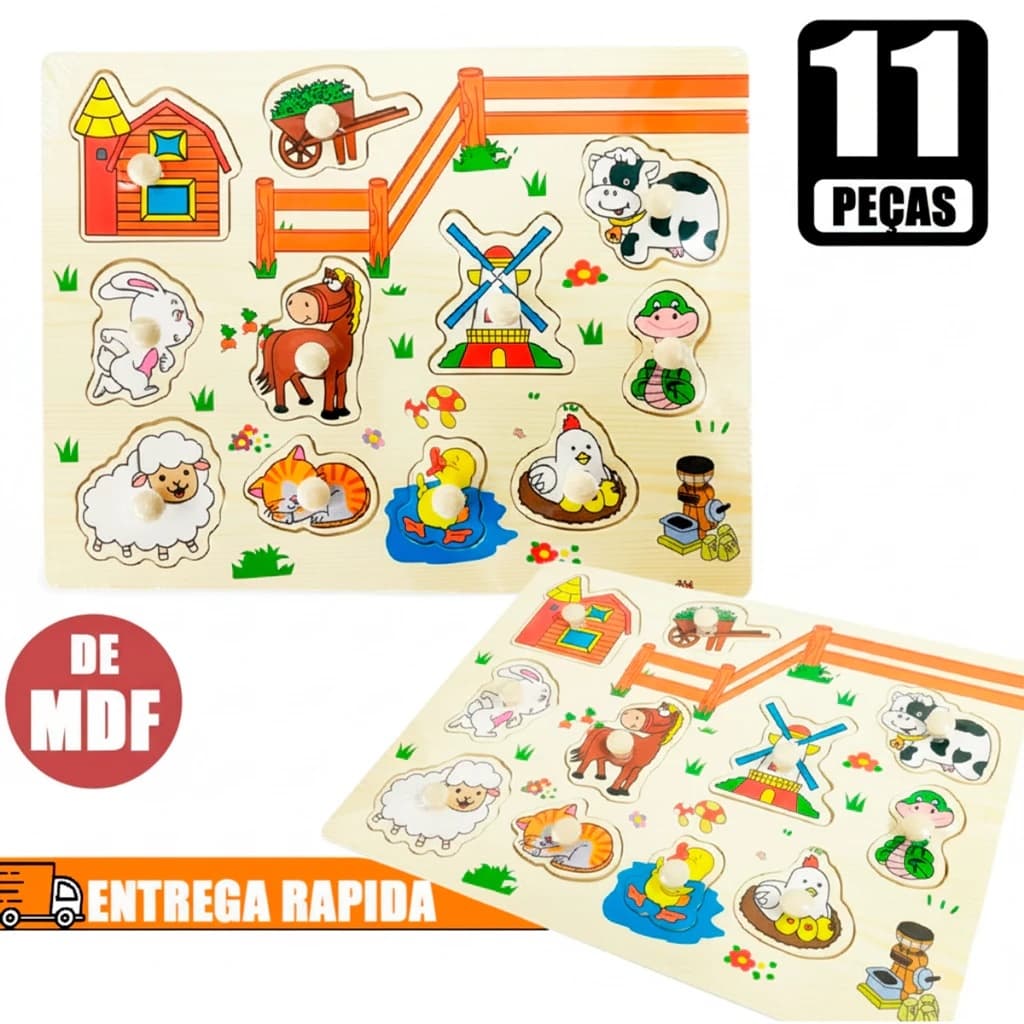 Brinquedo Educativo Tabuleiro de Mdf Encaixe Animais da Fazenda Figuras Geométricas