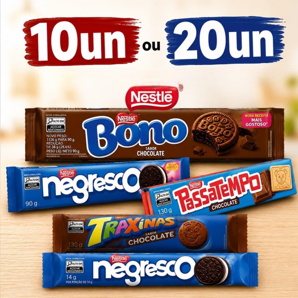 Kit Lanche Escolar Biscoitos Nestlé 10/20 Unidades Trakinas Bono Negresco Passatempo