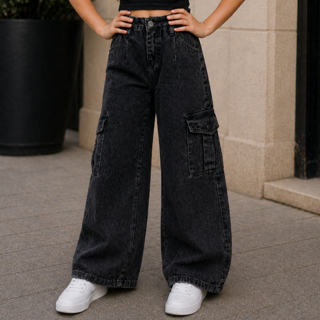Calça Jeans Juvenil Feminina Cargo Wide Leg Flare Skinny Moda Blogueira 4 Ao 16 Anos
