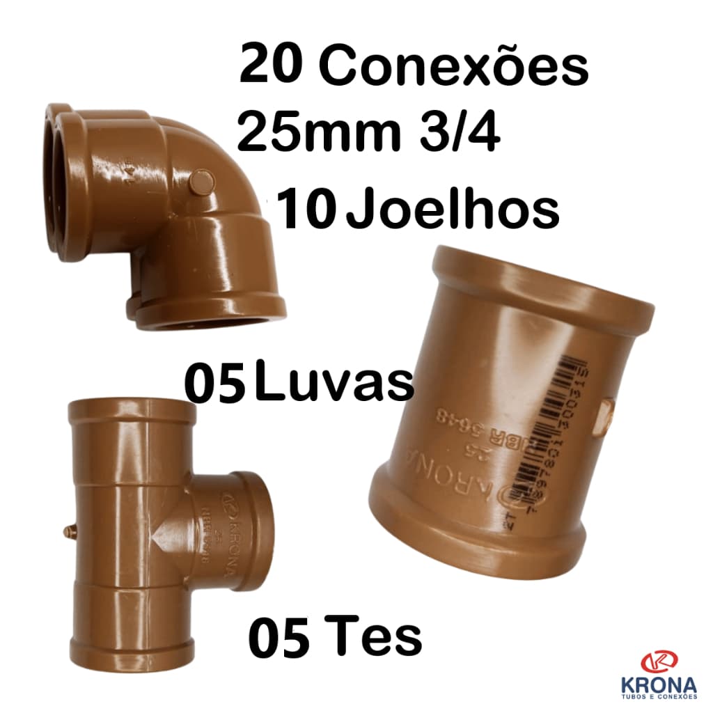 Kit 20 Conexões PVC  25mm = 3/4 ( 10 Joelhos + 05 Luvas + 05 Tees)
