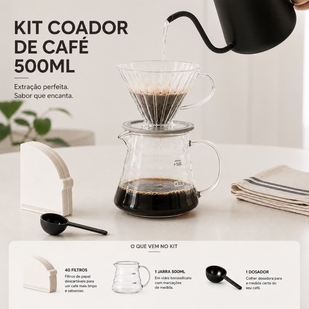 Kit Cafeteira Manual V60 + Jarra De Vidro + Tampa + Suporte Filtro + Colher Dosadora + 40 Filtros Cafeteria Em Casa
