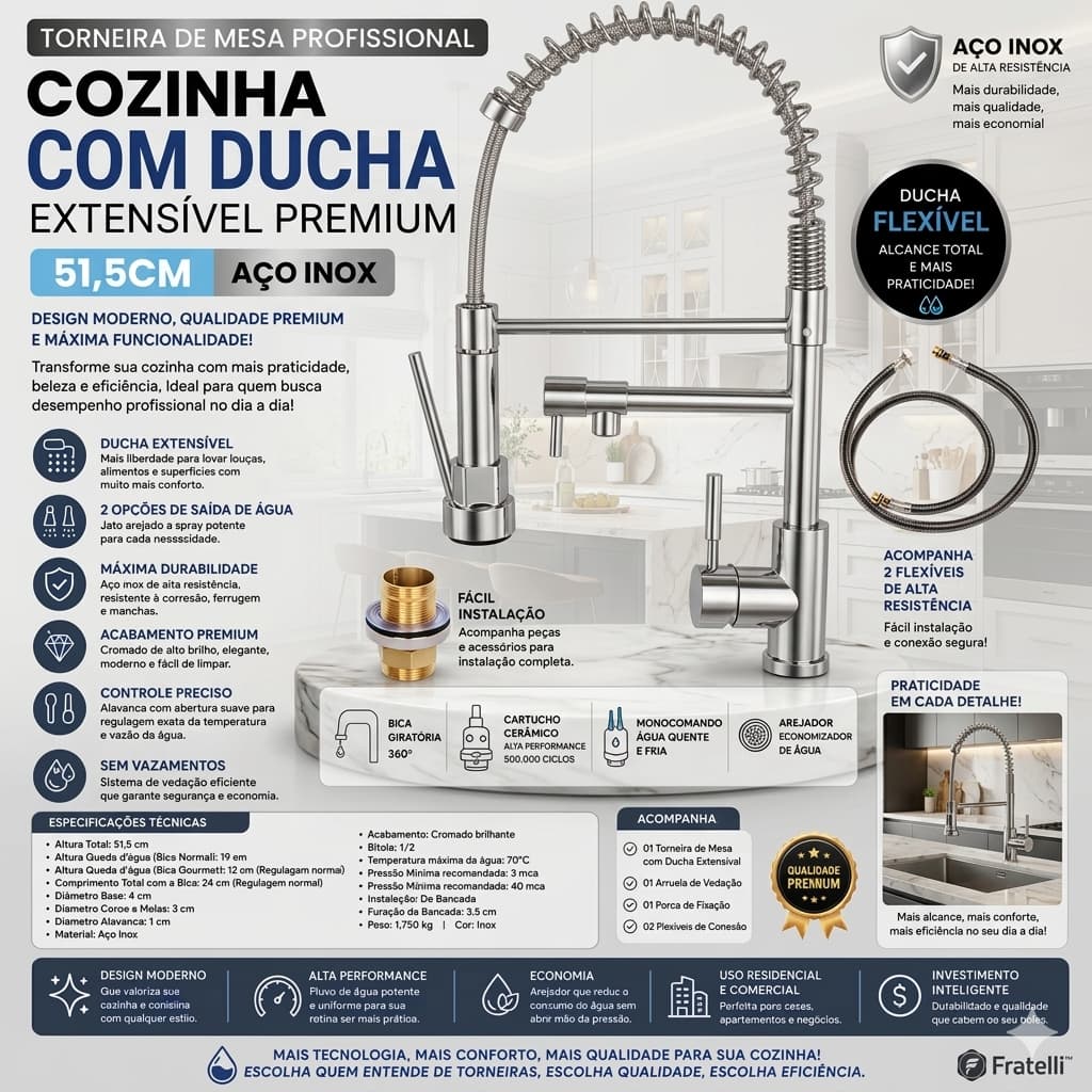 Torneira Cozinha Gourmet / Torneira Inox Ducha Extensível Cozinha 51,5cm Moderno Prático