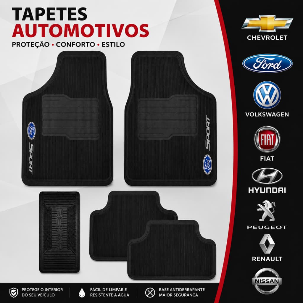 Tapete de Carro Ford Personalizado 5pçs - Fiesta, Ka, EcoSport, Escort - Carpete de Carro, Tapete Automotivo