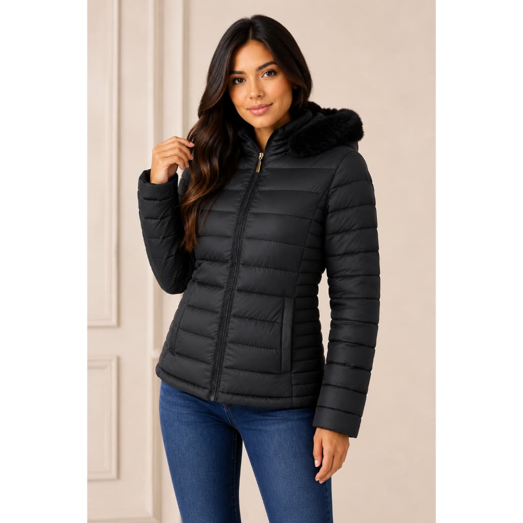 Jaqueta Feminina Puffer Apeluciada Forrada com Pelúcia Capuz com Pelo Removível Frio Inverno Impermeável