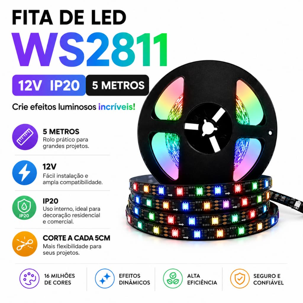 Kit 20 Fita de Led WS2811 Rgb Digital Endereçável Rolo 5m 300 Leds IP20 12v