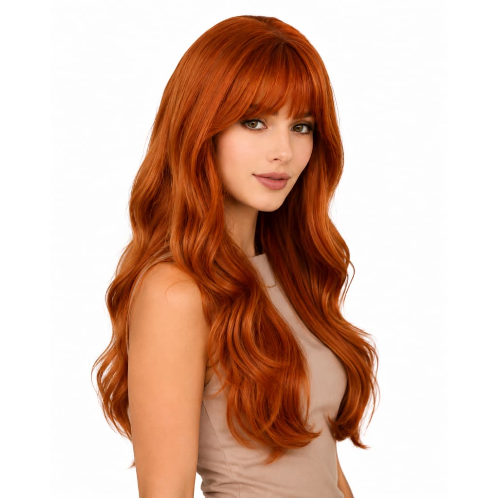 Peruca Ondulada Com Franja Ruiva Fibra Organica 70cm 300g