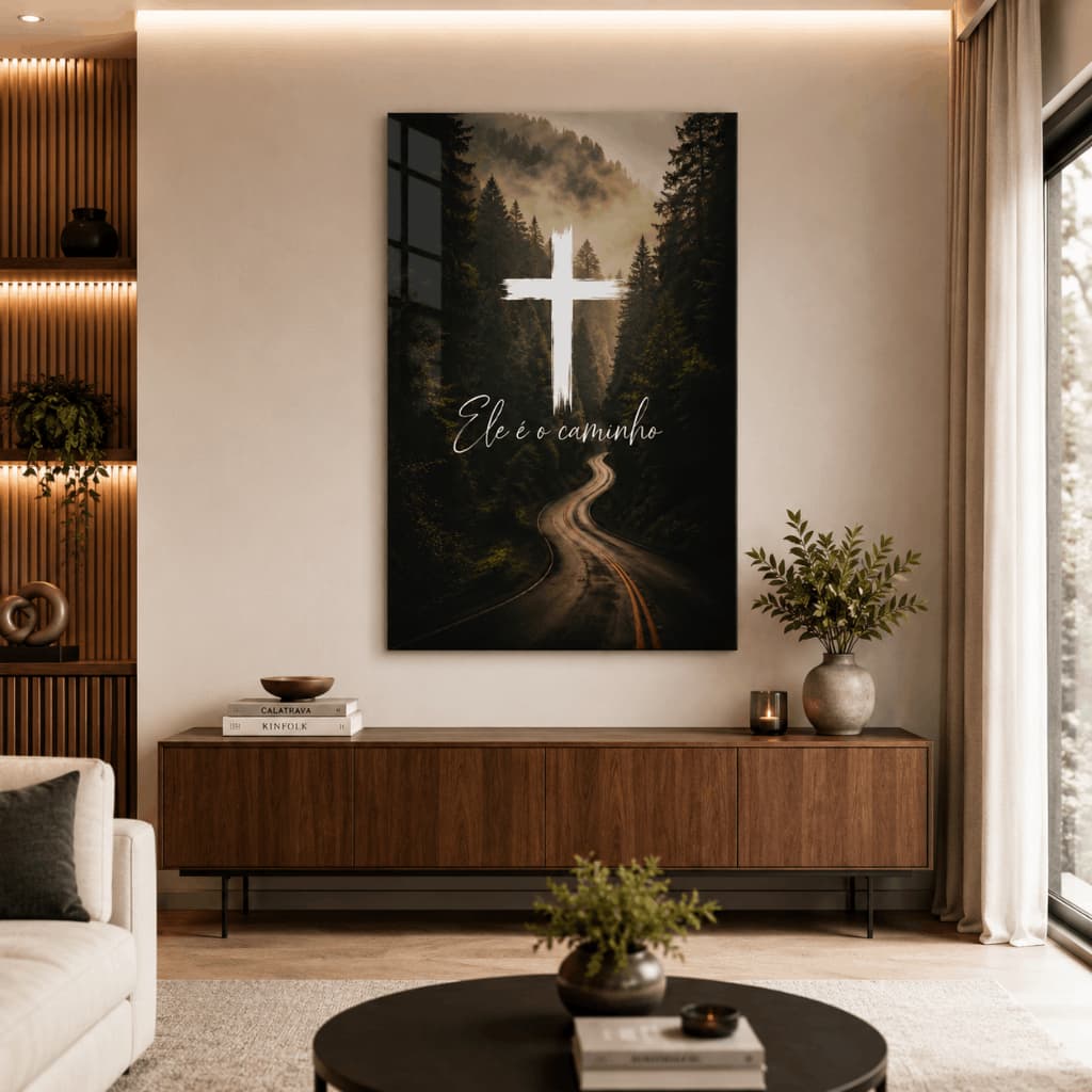 Quadro Decorativo Cristão Ele É o Caminho Cruz Estrada Floresta Acrílico Brilhante