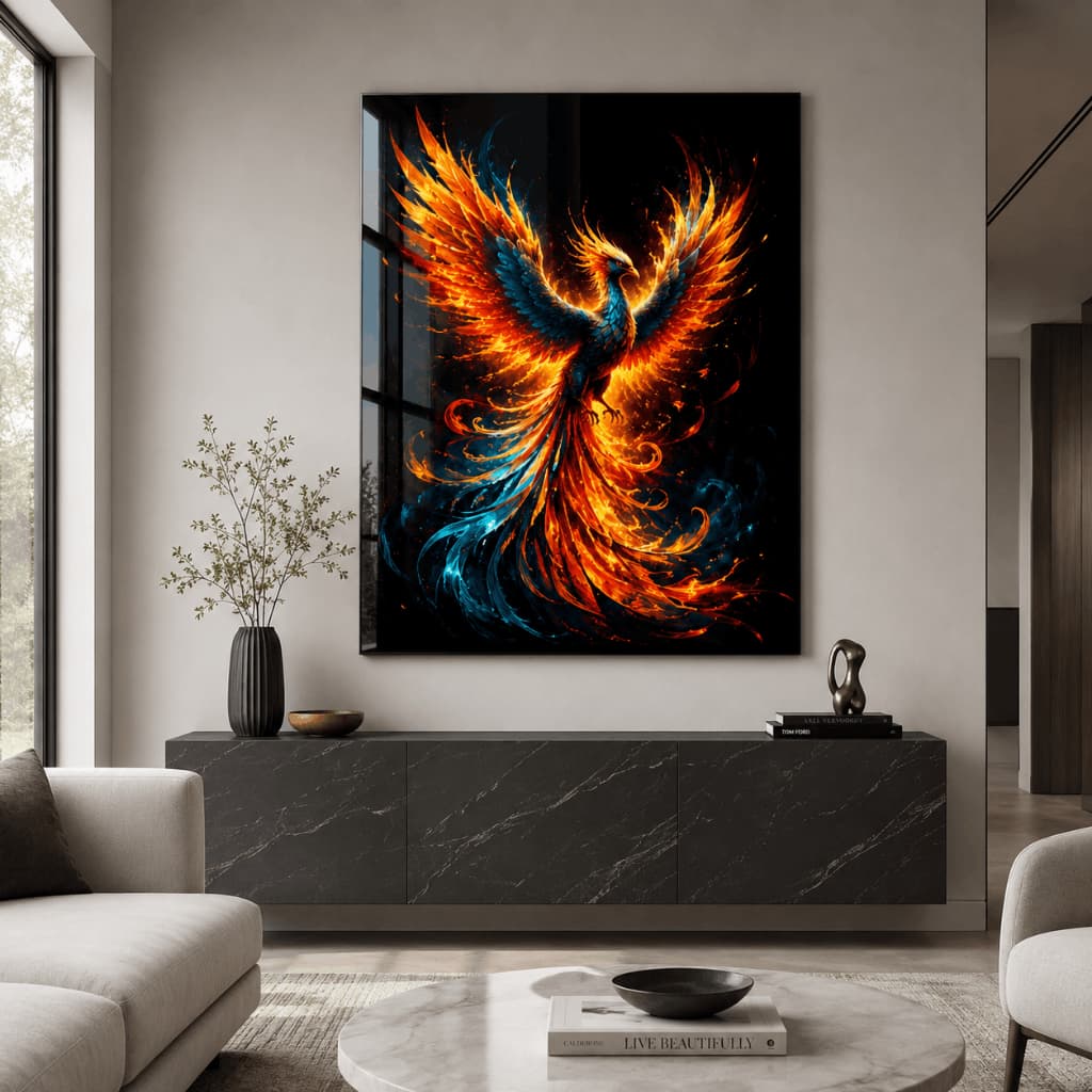 Quadro Decorativo Fênix de Fogo Arte Moderna Acrílico Brilhante Premium