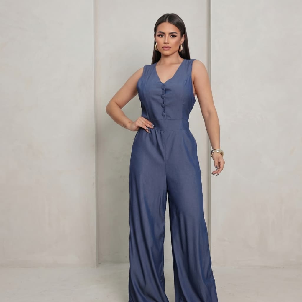 Macacão Feminino Pantalona Elegante Decote V Com Botões Forrados Bolso Lateral Social Moda Feminino