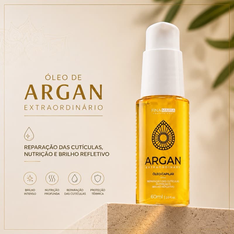 ÓLEO DE ARGAN EXTRAORDINÁRIO NUTRITIVO 60ML | REPARAÇÃO BRILHO E NUTRIÇÃO | FINA MARIA PROFESSIONAL