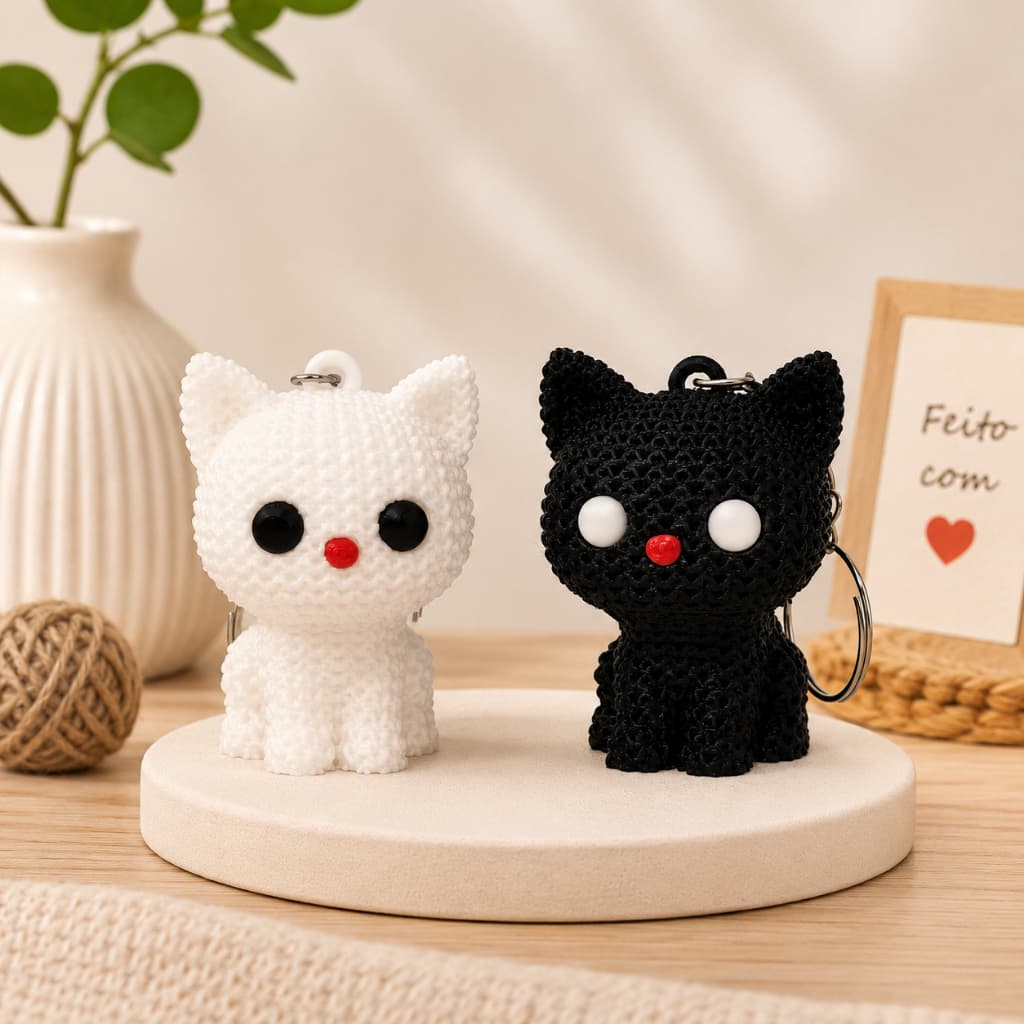 Chaveiro Gatinho 3D Estilo Crochê Amigurumi Kawaii Fofo Presente Criativo