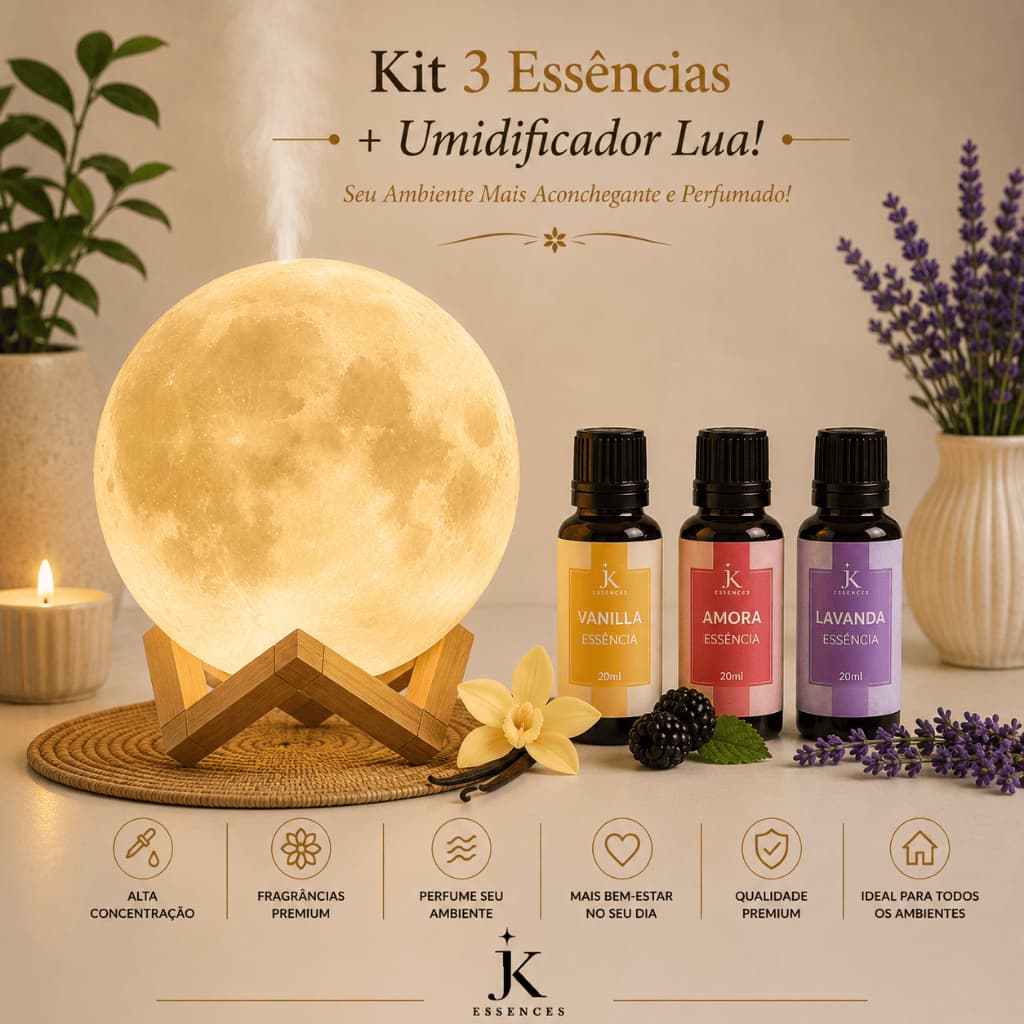Umidificador de Ar e Luminária Lua LED Aromatizador + 3 Óleos Essenciais 3em1 Difusor de Ar