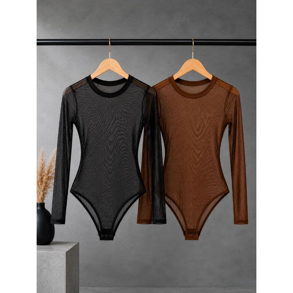 1 ou 2 Body Tule Feminino Manga Longa Transparente