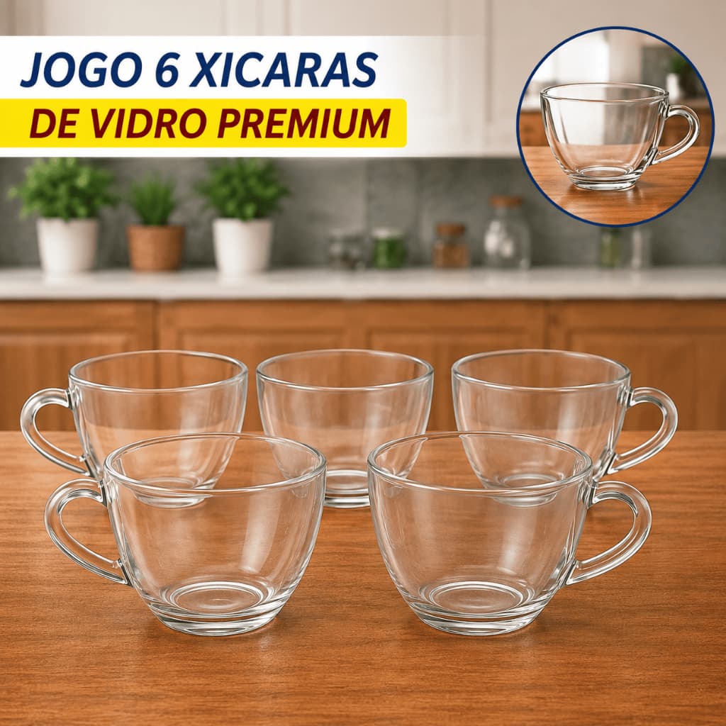 Jogo De Xícaras Em Vidro  200ml Kit Canecas 6 Peças Para Chá Café Louças