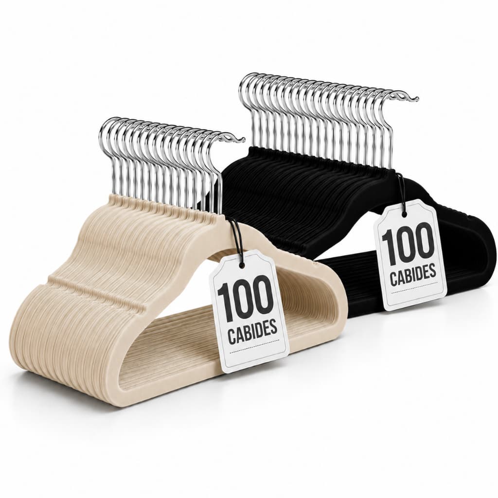 Kit 100 Cabides De Roupas Veludo Preto Bege Slim Antideslizante Adulto Ultra Fino Gancho 360°