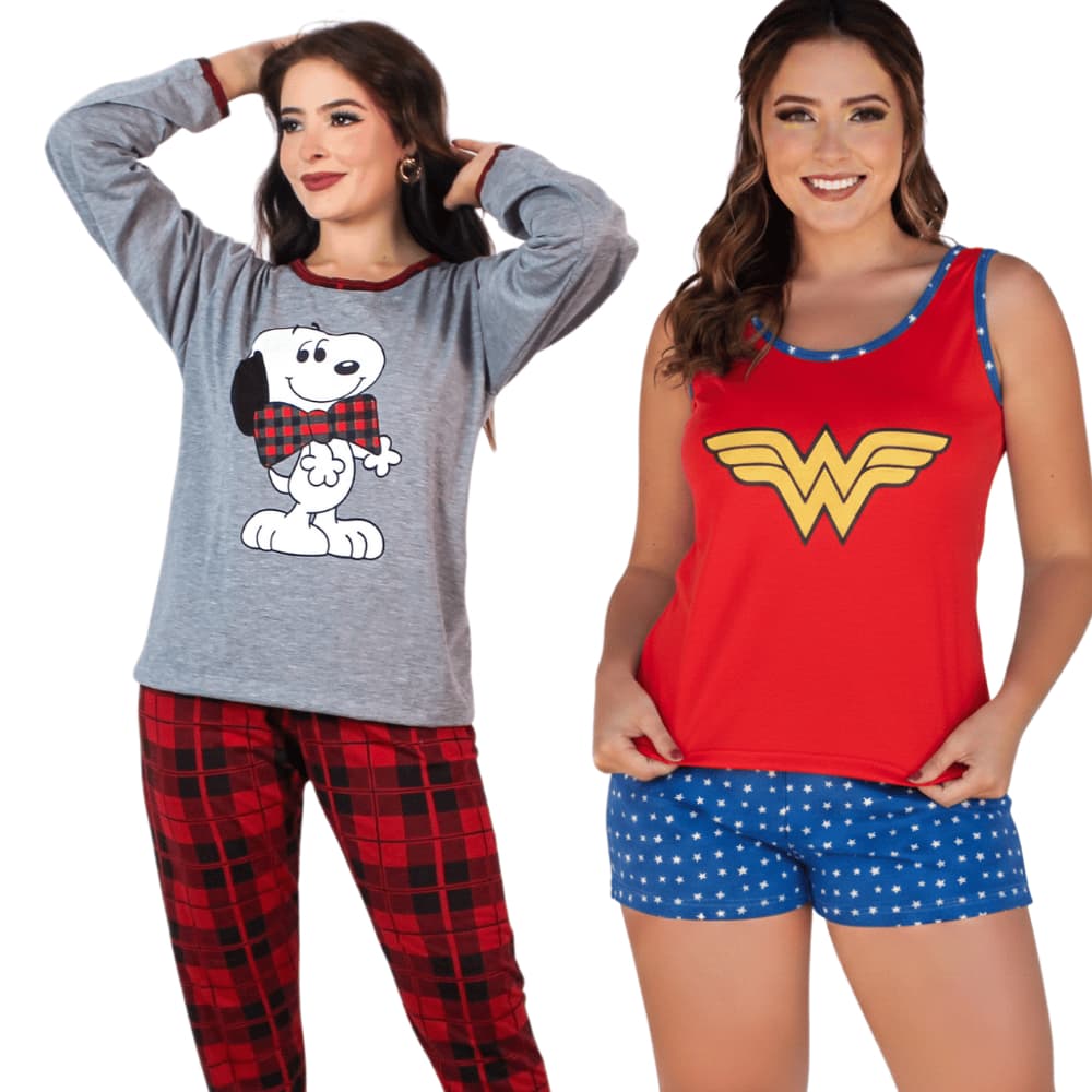 Kit 2 Pijama Feminino Plus Size Longo e Curto PV P ao 54