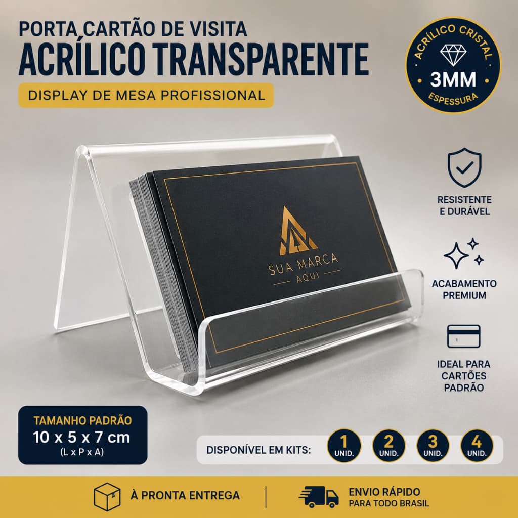 Porta Cartão de Visita Acrílico Transparente 3mm Display de Mesa Horizontal Profissional Kit 1 a 4 Unidades