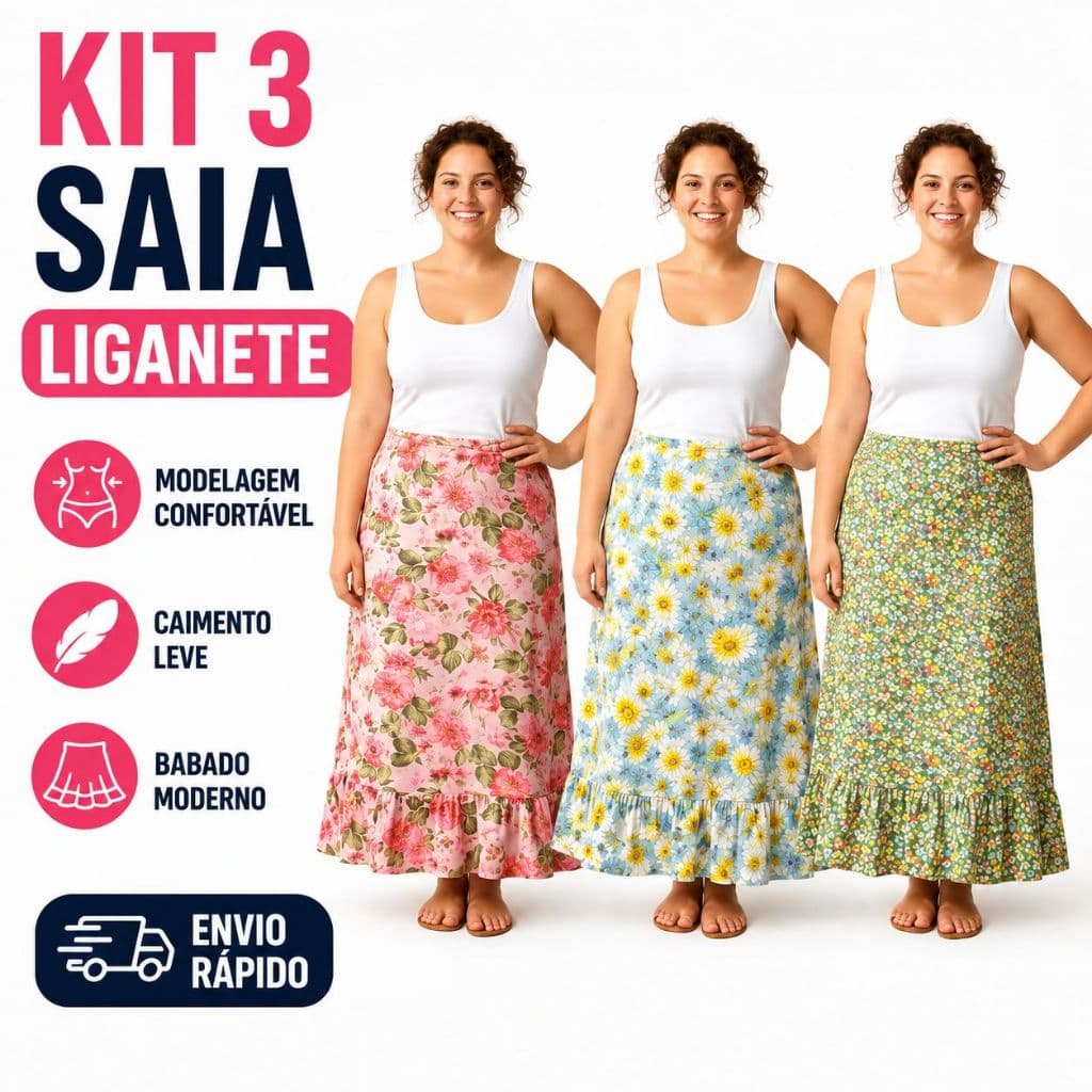 Kit 3 Saias Longas Evangélicas Feminina Babado Camadas Confortável