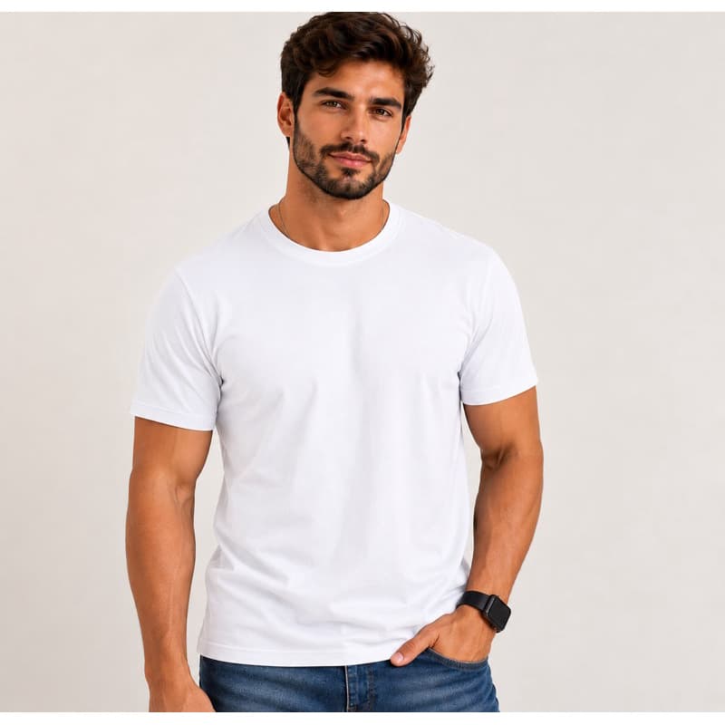 Camiseta Masculina Básica 100% Algodão em Meia Malha Premium Reforço Ombro a Ombro Branca Lisa