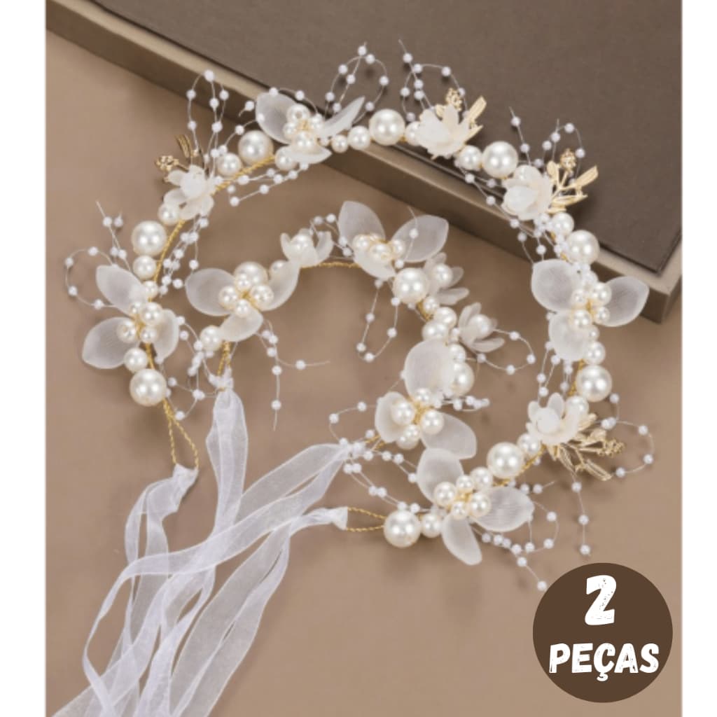 Kit Tiara + Pulseira Feminina Delicada com Pérolas e Flores | Acessório para Festa, Casamento, Daminha e Aniversário