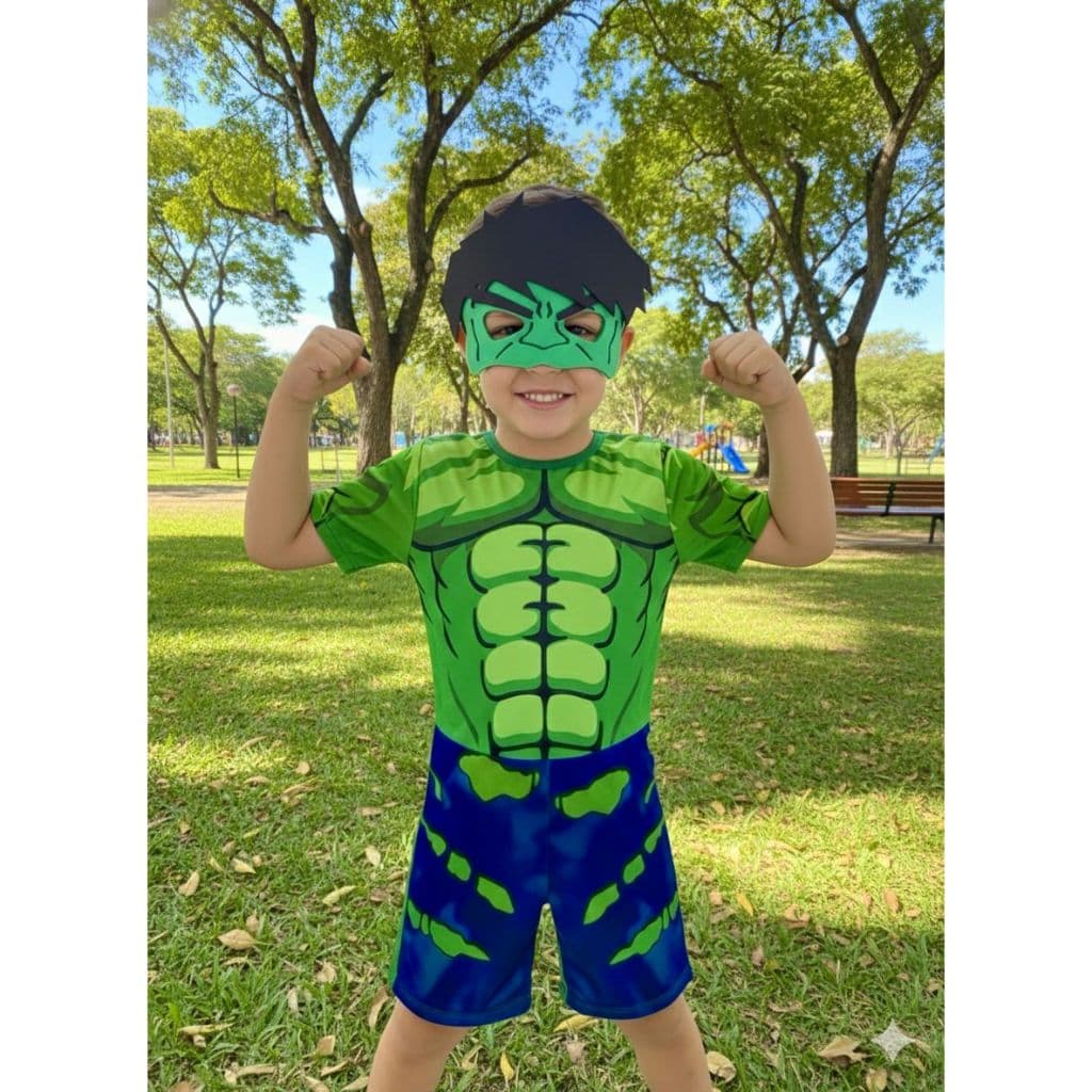 Fantasia Roupa Infantil Hulk Curta Com Mascara Presente Menino 1 a 9 anos Festa Envio Rápido