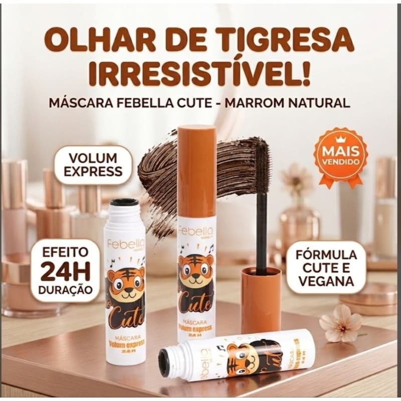 🤎 Máscara de Cílios Marrom ou Preto Cute Febella – Volume Natural e Longa Duração 24h 🤎