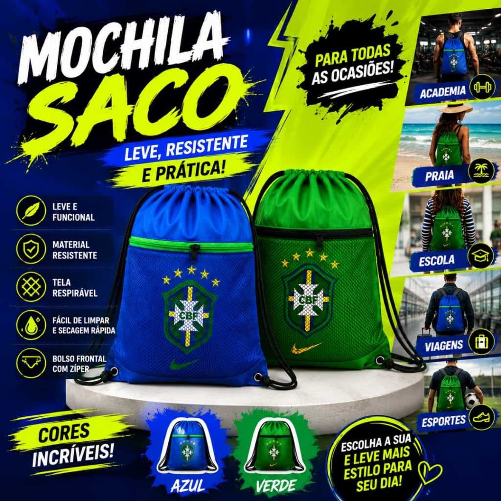 Bolsa Esportiva Seleção Brasileira Saco Com Zíper Academia Passeio Escola