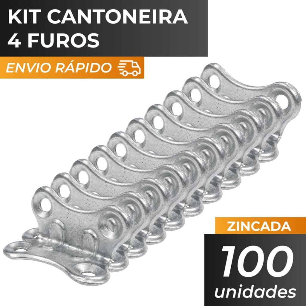 Kit 100 Cantoneiras de Fixação 4 Furos Zincado para Móveis e Prateleiras