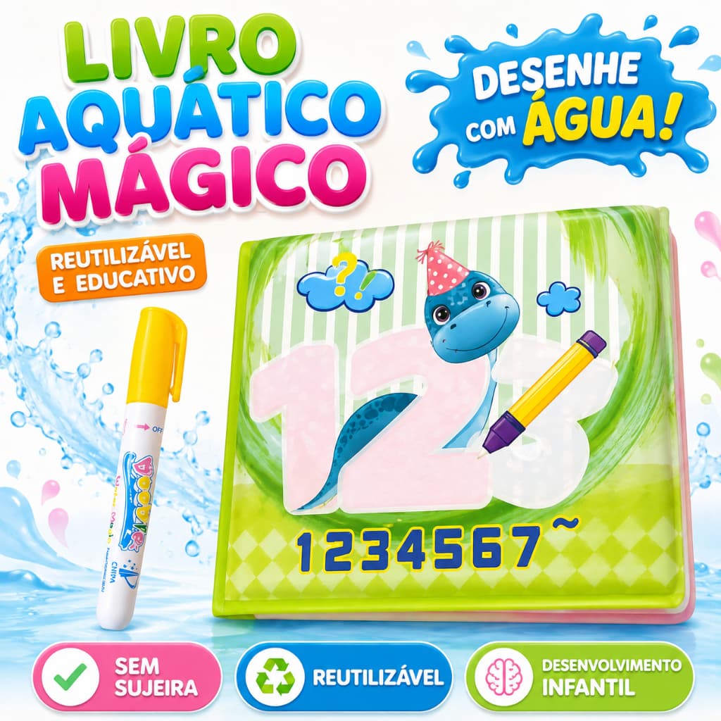 Livro Aquático Mágico Infantil Reutilizável Com Caneta Água Educativo Dino Colorir Sem Tinta