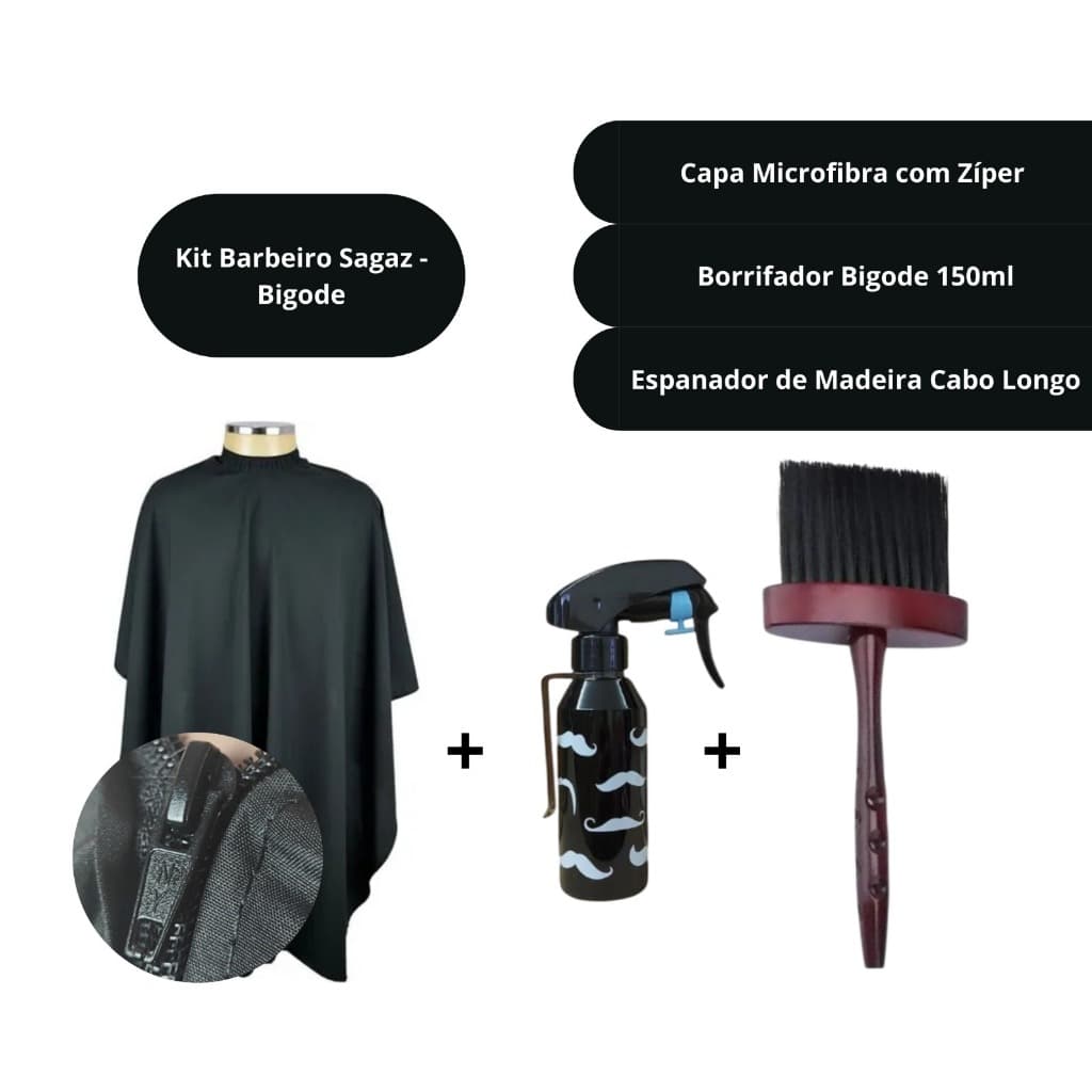 Kit Barbeiro Sagaz - Capa de Microfibra com Zíper + Borrifador Bigode 150ml + Espanador de Madeira