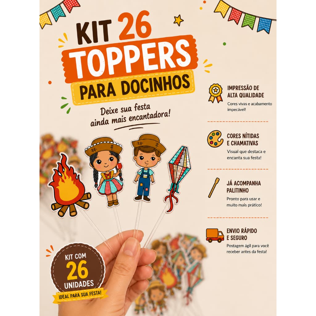 26 toppers para doces festa junina - Decoração festa junina - Topper para docinhos - Enfeites juninos