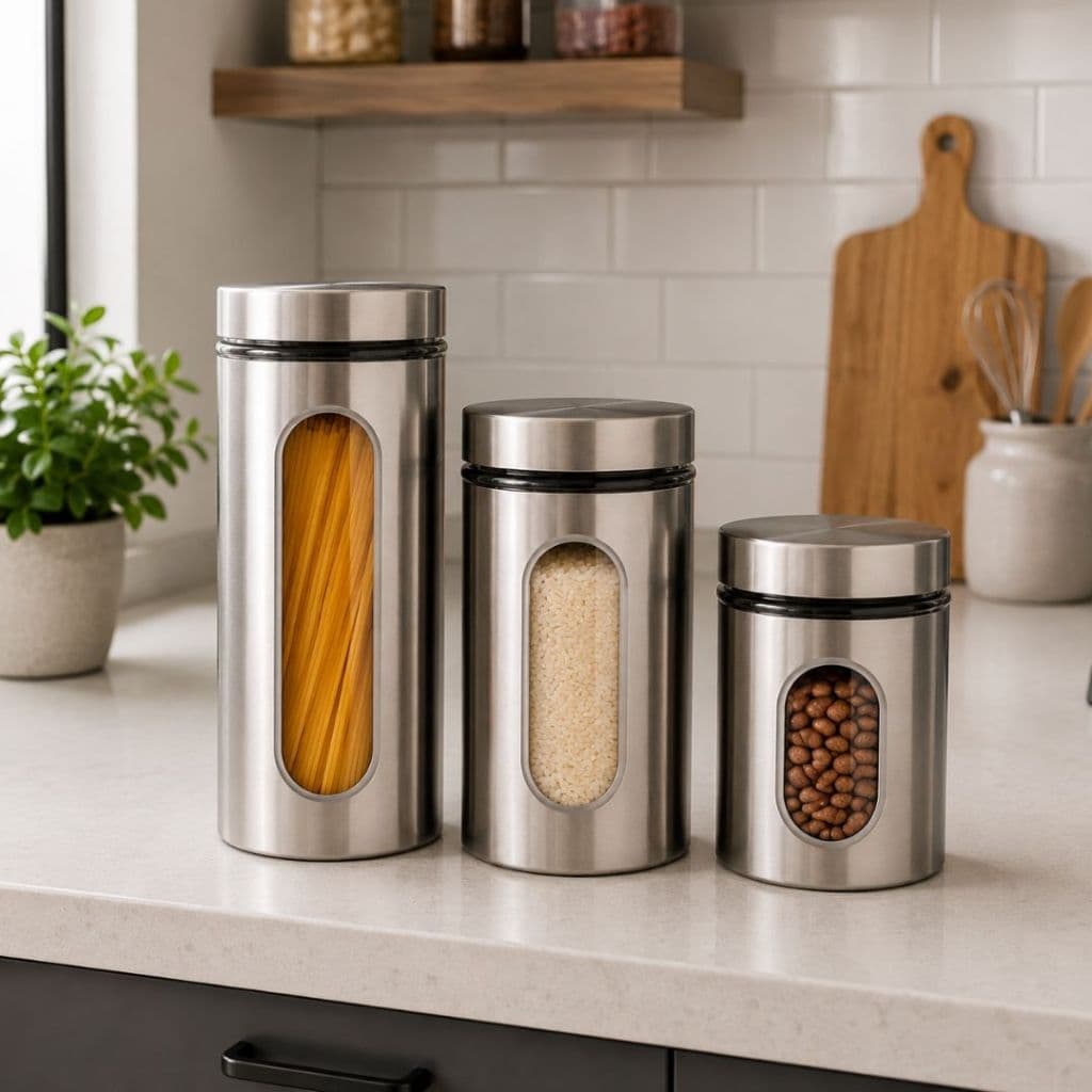 Kit 3 Potes Herméticos Vidro e Inox - Organizador Cozinha Despensa Mantimentos Café e Açúcar Premium