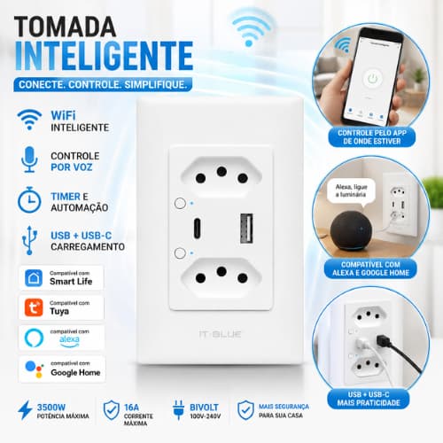 Tomada Inteligente WiFi Alexa Google Home Smart Life Tuya USB USB-C Timer Automação Voz 16A Bivolt Comando por Voz App