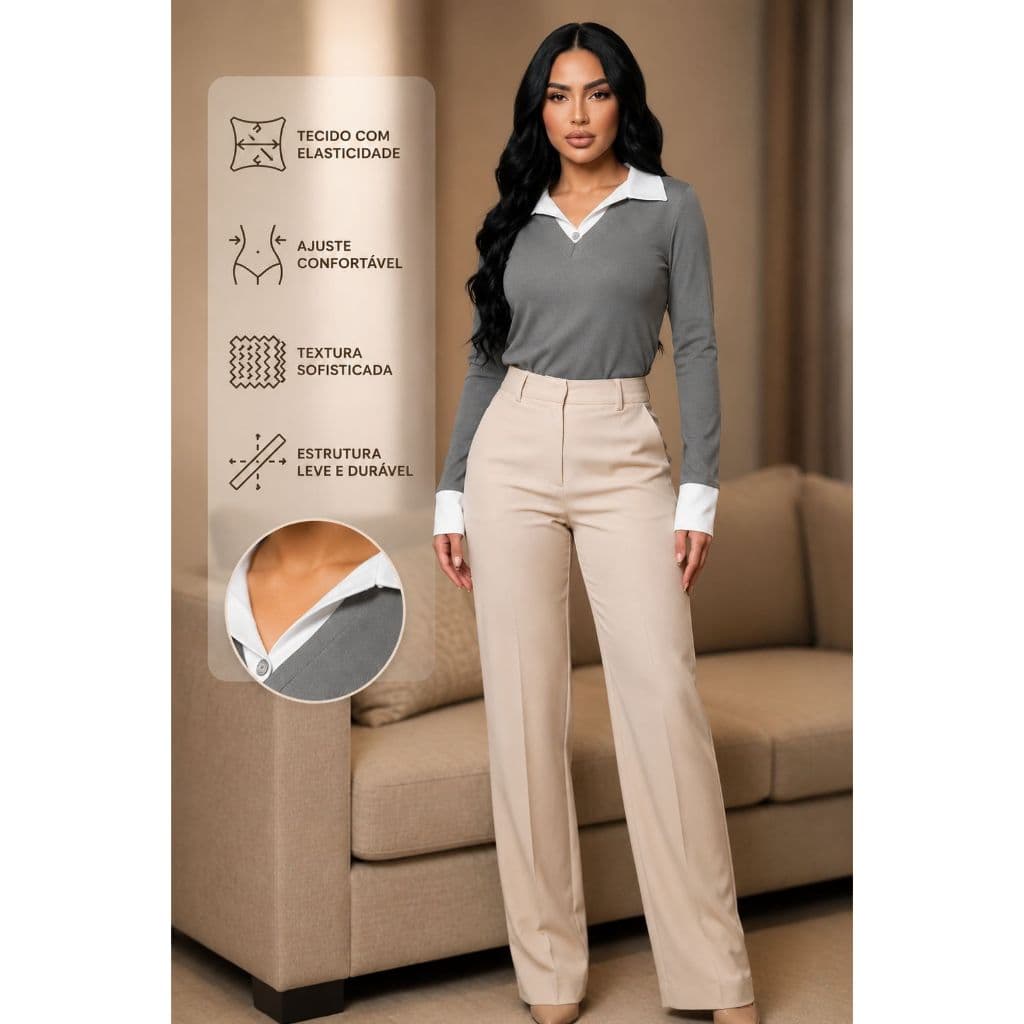 Blusa Feminina LANCINHA Social Manga Longa Gola Polo Elegante Office Look Executiva Casual Chic Premium
