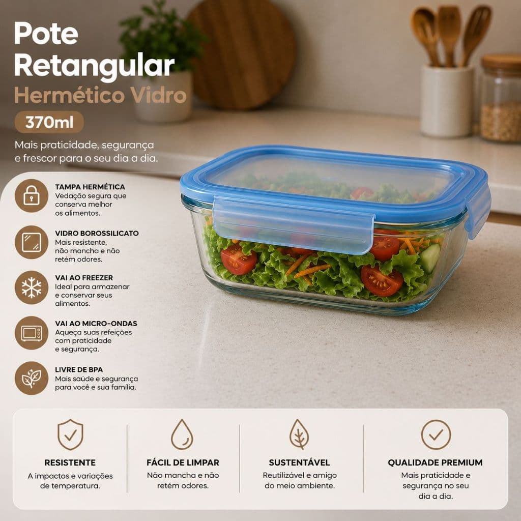 Pote Vidro Hermético 370ml Retangular Tampa com Trava Micro-ondas Freezer