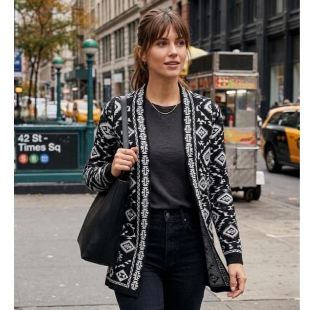 Casaco Kimono Feminino de Tricot Acrilico Estampado Roupa de Frio Aberto Comprido Chique