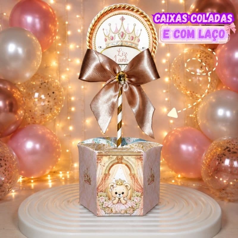 Centro de Mesa Princesinha Ursa Luxo Personalizado | Festa Infantil Menina