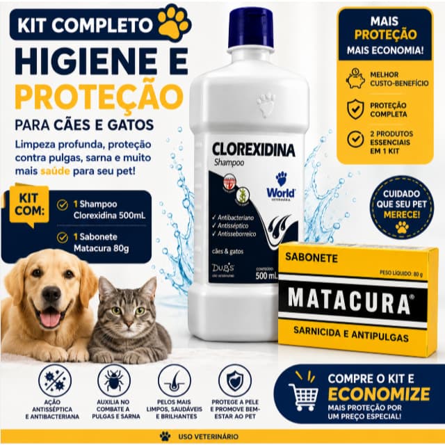 Kit Shampoo Clorexidina 500ml + Sabonete Matacura Para Cães e Gatos Original