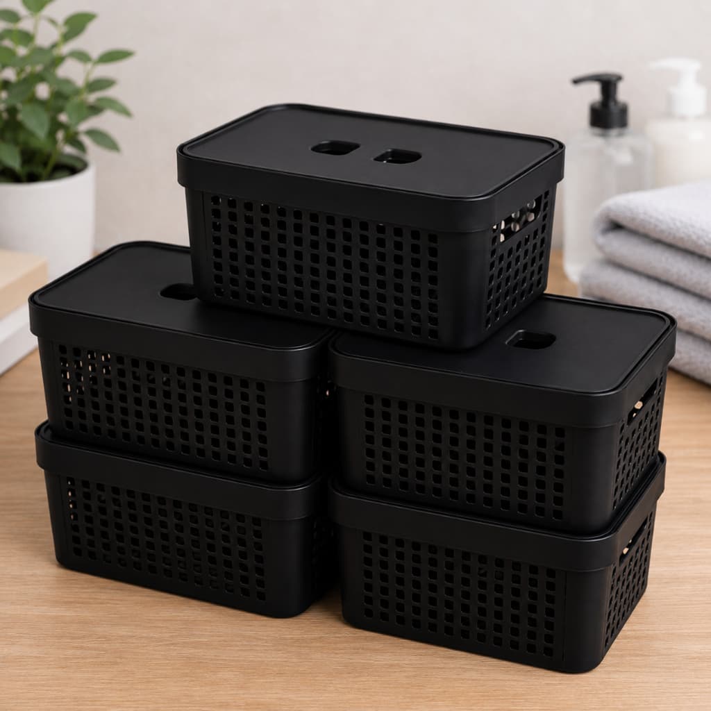 Kit Caixa Organizadora 2L Preto Tampa Cesto Organizador Multiuso Plástico Banheiro Cozinha com 2, 3, 4 e 5 unidades