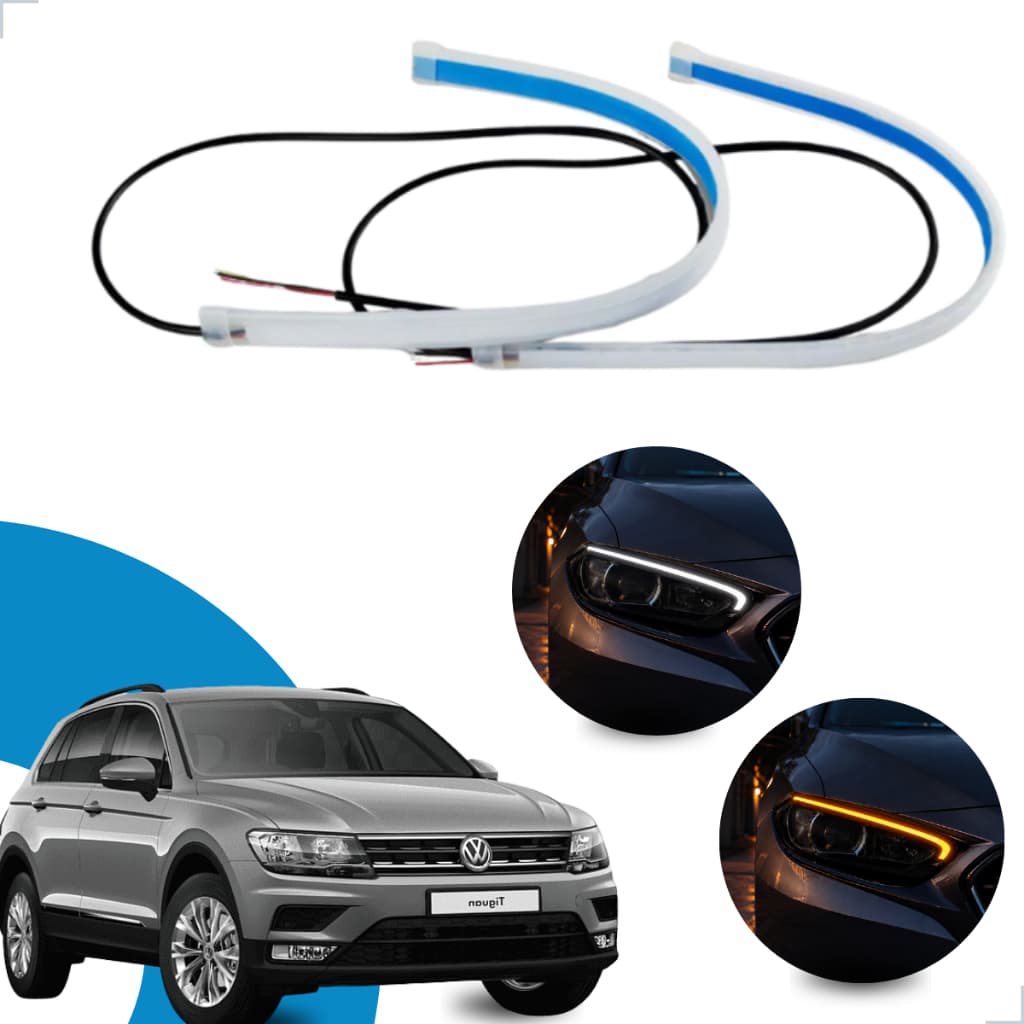 Kit Fitas Led DRL Farol + Seta 12v 60cm Tiguan 2009 2010 2011 2012 2013 2014 2015 2016 2017 até 2021