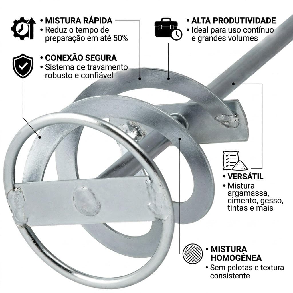 Misturador de Tinta, Gesso e Argamassa - Haste Reforçada para Furadeira