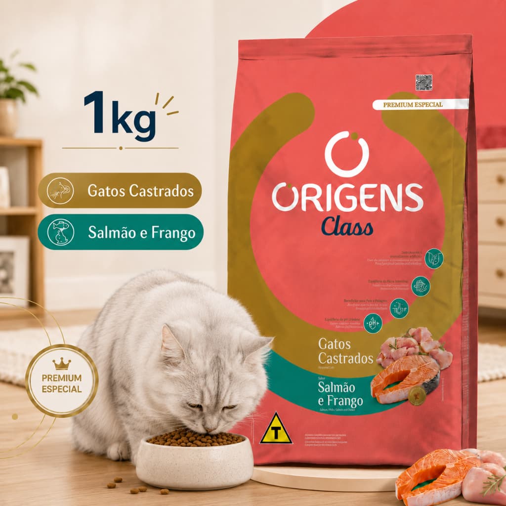 Ração Origens Gatos Castrados  Class Salmão e Frango 1kg Premium Especial