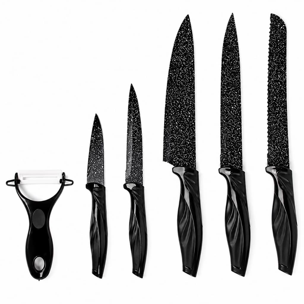 Kit 6 Peças Conjunto de Faca Carne Cutelo Legumes Aço Carbono Descascador Tesoura Profissional