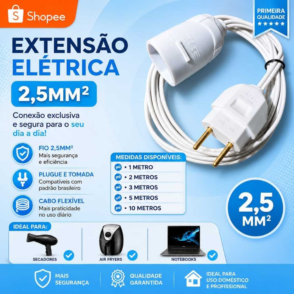 Extensao 0,5/1/1,5/2/3/5/10 Metros Branca Fio 2X2,5mm Cabo Reforçado Grosso Paralelo Bivolt