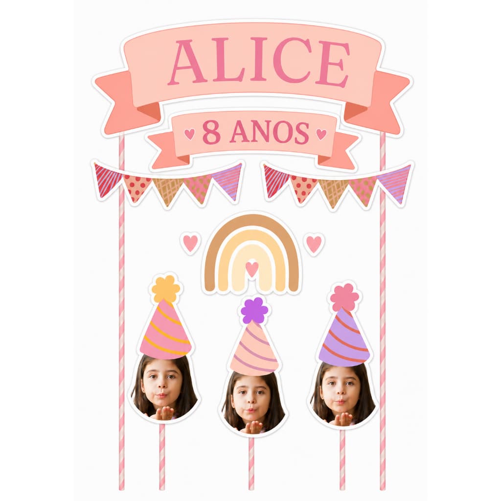 🎉 Topo de Bolo Personalizado com Foto – Tema Candy Colors / Festa Infantil 🎂✨