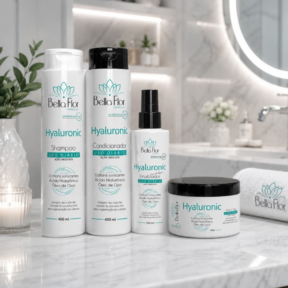 Kit Capilar Hyaluronic 4 Produtos Shampoo Condicionador Máscara Finalizador Bella Flor Anti-Frizz Brilho