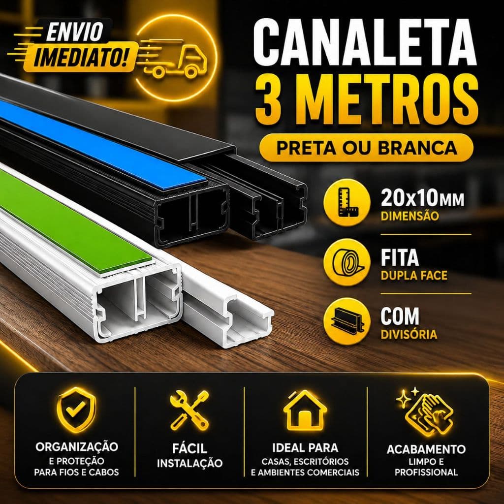 Canaleta 3 Metros Organizador de Fios Preta Branca Sistema X Com Fita Adesiva e Divisória 20x10mm