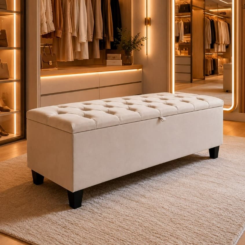 Recamier Bau em Capitone 120cm Organizador e Sapateira  para Quarto