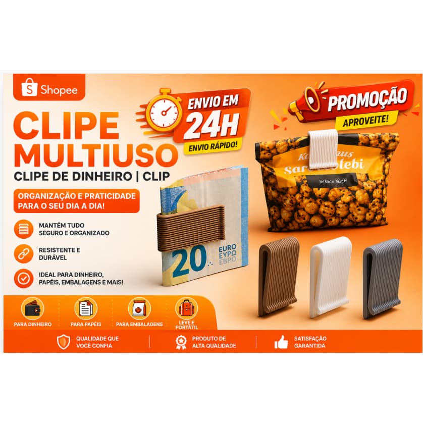 Clipe de Dinheiro Multiuso Organizador de Cédulas Cartões Papel e Documentos