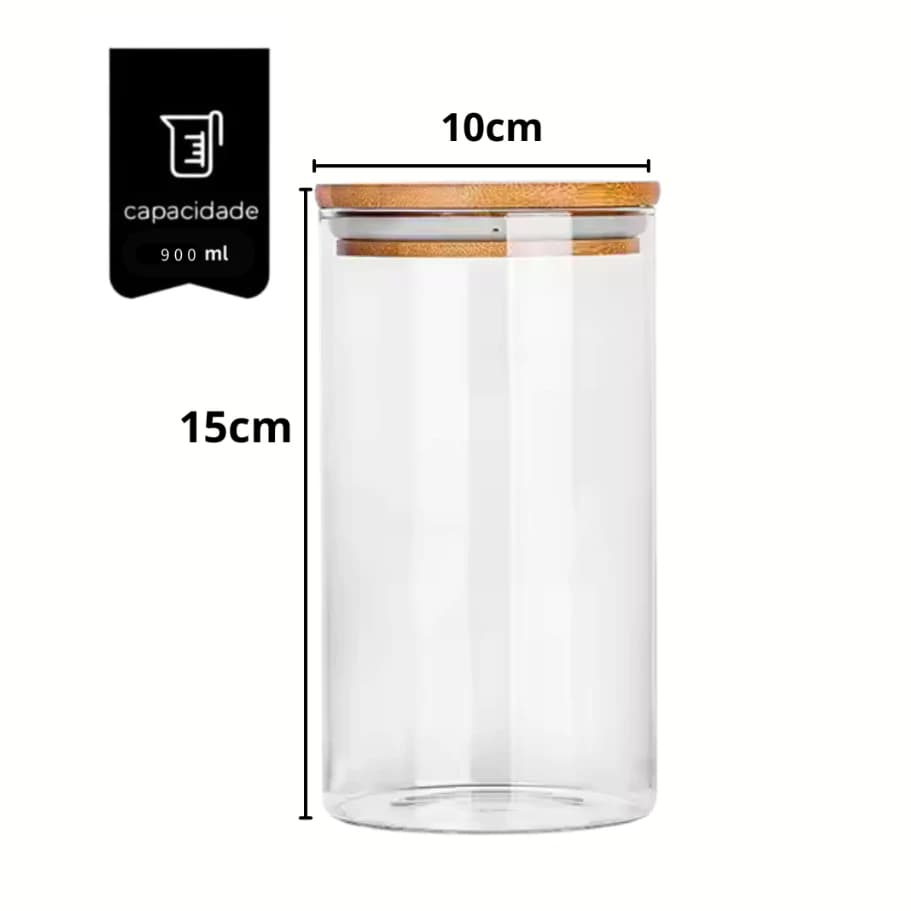 Pote de Vidro Hermético 900ML com Tampa de Bambu  Mantimento Tempero Alimento Cozinha Decoração